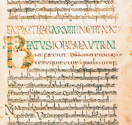 Immagine di una parte di un manoscritto, con capitale miniata.